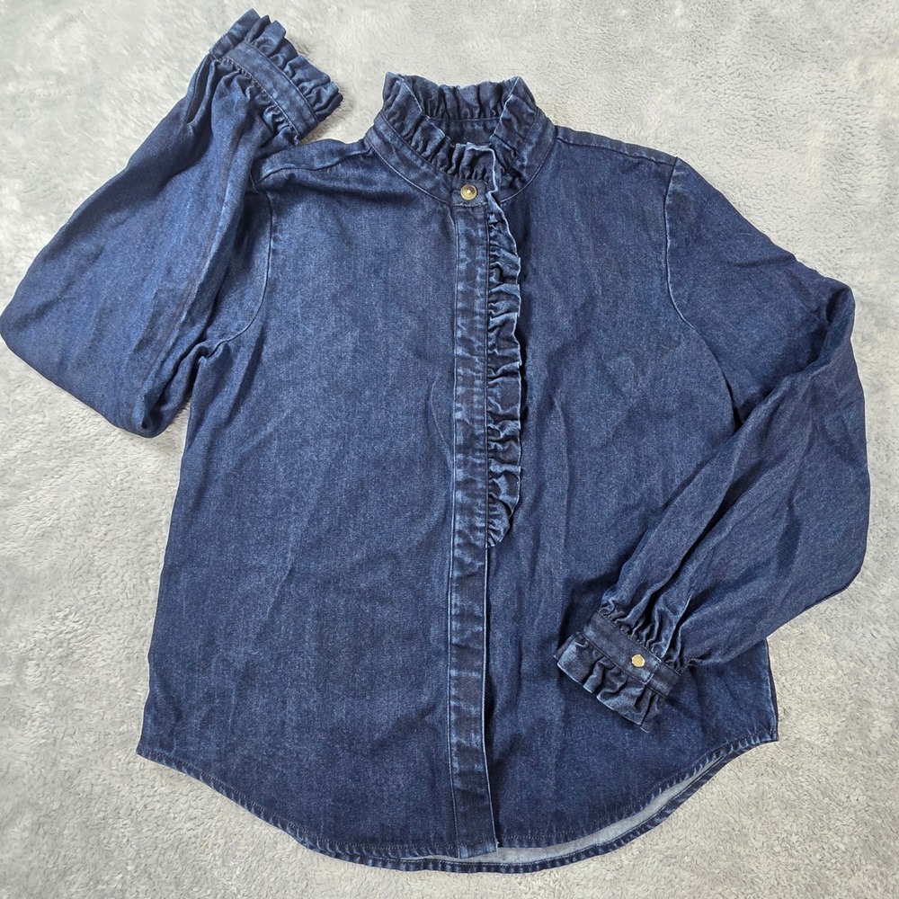 Ann Taylor Factory Ruffle Neck Denim Blouse Indigo Blue Medium Romantic Top